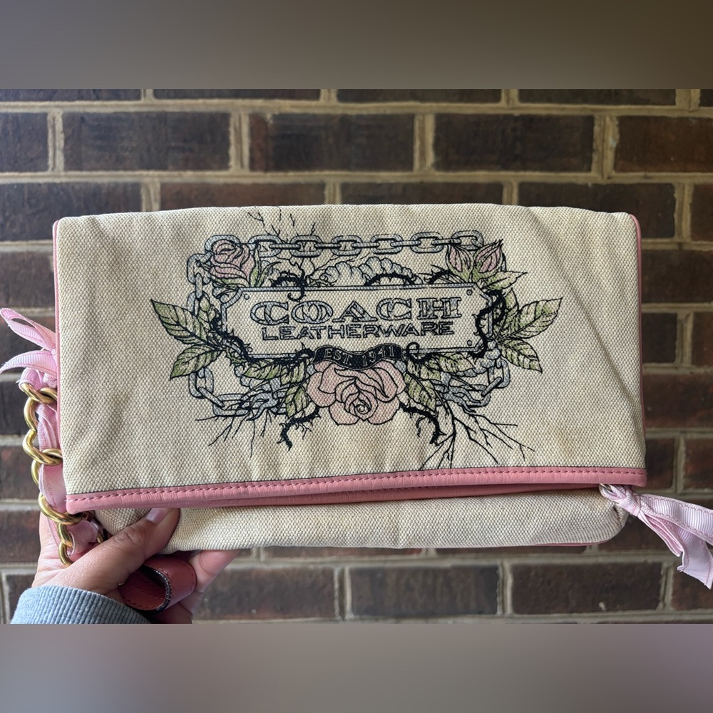 🌸 VINTAGE Coach Beige Canvas Tattoo Foldover Clutch ✨ AUTHENTIC
